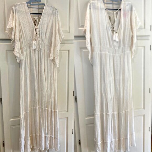 Italian Designer White Goddess Dress Butterfly Sleeves Tiered Tassels Maxi M - Picture 4 of 5